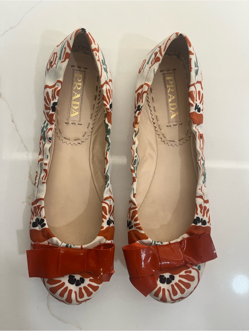 Prada Floral Print Ballet Flats with Patent Leather Bow | Made in Italy - Picture 2 of 10
